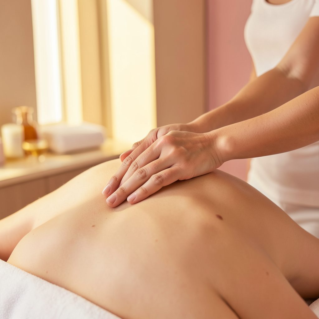 Bàn tay nhẹ nhàng xoa bóp vùng cổ và vai trong không gian spa với ánh sáng vàng ấm, tông màu be và hồng nhạt