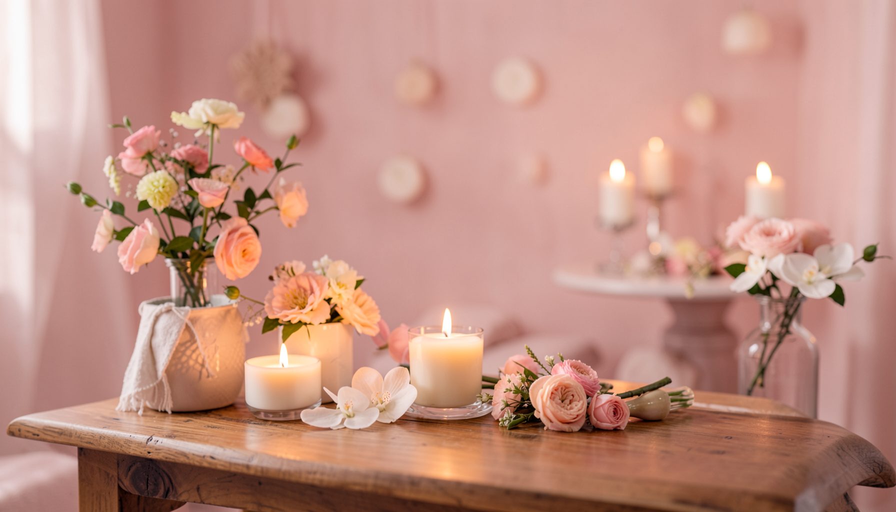 Không gian spa ấm cúng với tông hồng nhạt, nến thơm và hoa tươi trên bàn gỗ