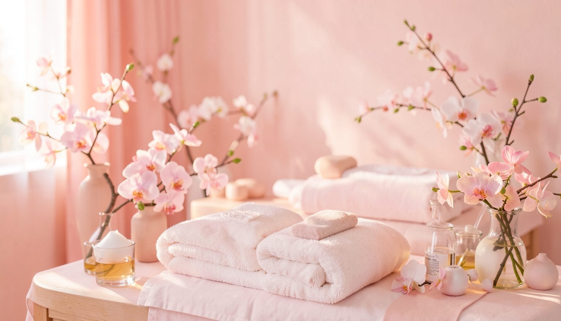 Không gian spa với tông hồng nhạt ấm áp, ánh sáng dịu nhẹ và những bông hoa tươi tạo cảm giác thư thái, chào đón