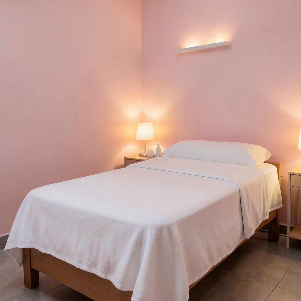 Không gian trị liệu spa yên tĩnh với giường massage trải khăn trắng, đèn mờ ấm áp và tường màu hồng phấn nhẹ nhàng